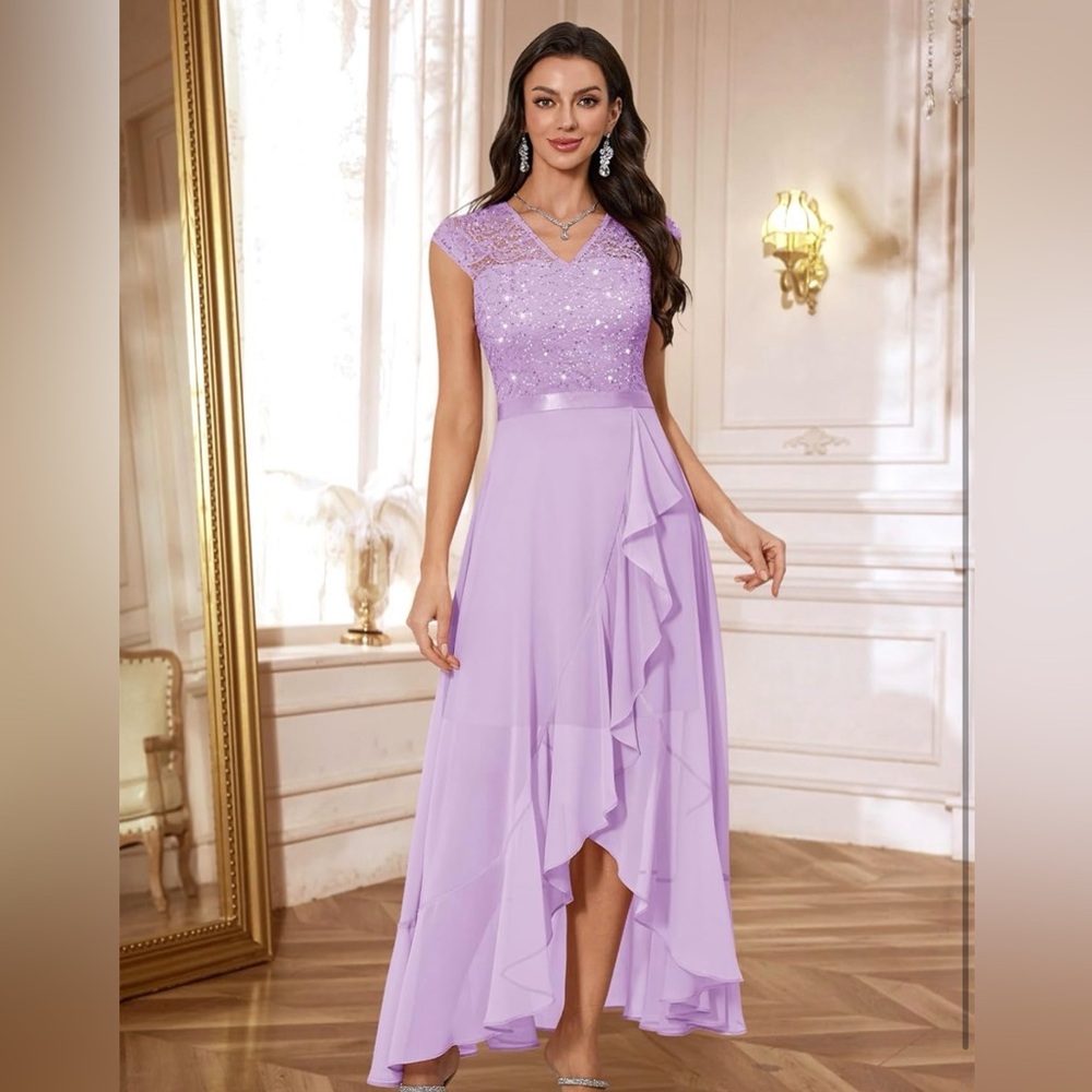 Bbonlinedress Cocktail Formal Sequin Floral Lace V-Neck Cap Sleeve Evening Dress